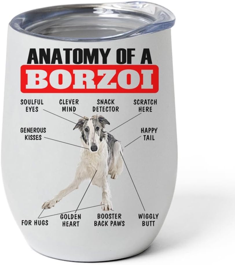 White Blue Borzoi Tumbler 12oz - Funny Anatomy Chart Design - Stainless Steel Vacuum Insulated Wine Cup With Lid - Gifts for Dog Lovers