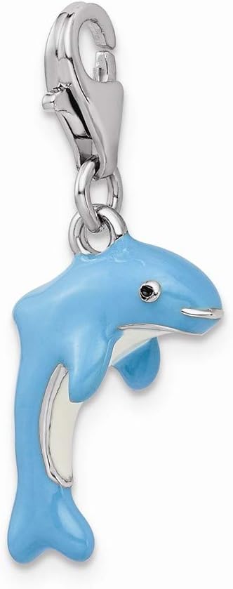 Solid 925 Sterling Silver 3-D Enameled Dolphin Lobster Clasp Charm (0.59 x 1.61 Inches)