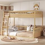 DNYN Full XL Over Queen Bunk Bed for Kids Bedroom,Solid Wood Bedframe w/Ladder & Safety Guardrails,Can be Separated & Easy Assembly & Super Save Space & No Box Spring Needed, Natural