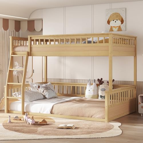 DNYN Full XL Over Queen Bunk Bed for Kids Bedroom,Solid Wood Bedframe w/Ladder & Safety Guardrails,Can be Separated & Easy Assembly & Super Save Space & No Box Spring Needed, Natural