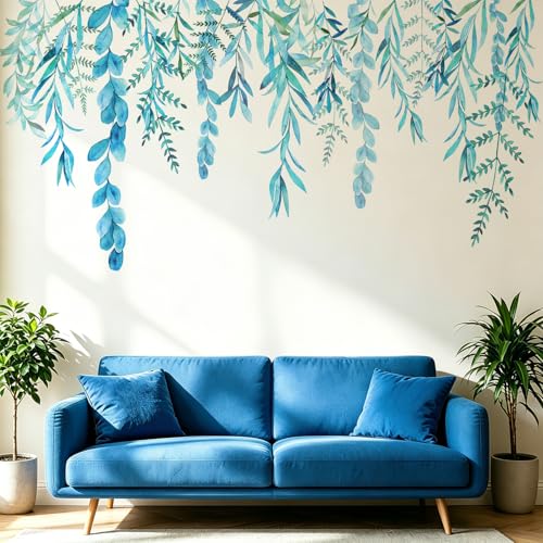 VePret Blue Hanging String of Willow Wall Decals Peel and Stick, Large Plants Vinyl Wall Stickers, Removable Vine Home Decor Art for Bedroom Living Room Classroom Office