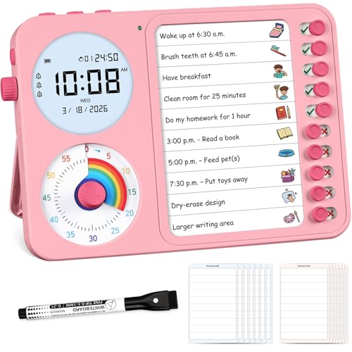 Image of 3-in-1 Visual Timer & ADHD Tool for Kids - ADHD Task Timer for Adults with Visual Schedule, Chore Chart & Planning Board for Home, School, Classroom, Work (Pink)