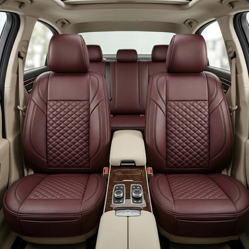 Auto Family Premium 5Pcs PU Leather Car Seat Cover Full Set (Sedan Car) Universal Fit Auto Seat Covers Luxury Interior Protector Waterproof Seat Covers (Maroon)