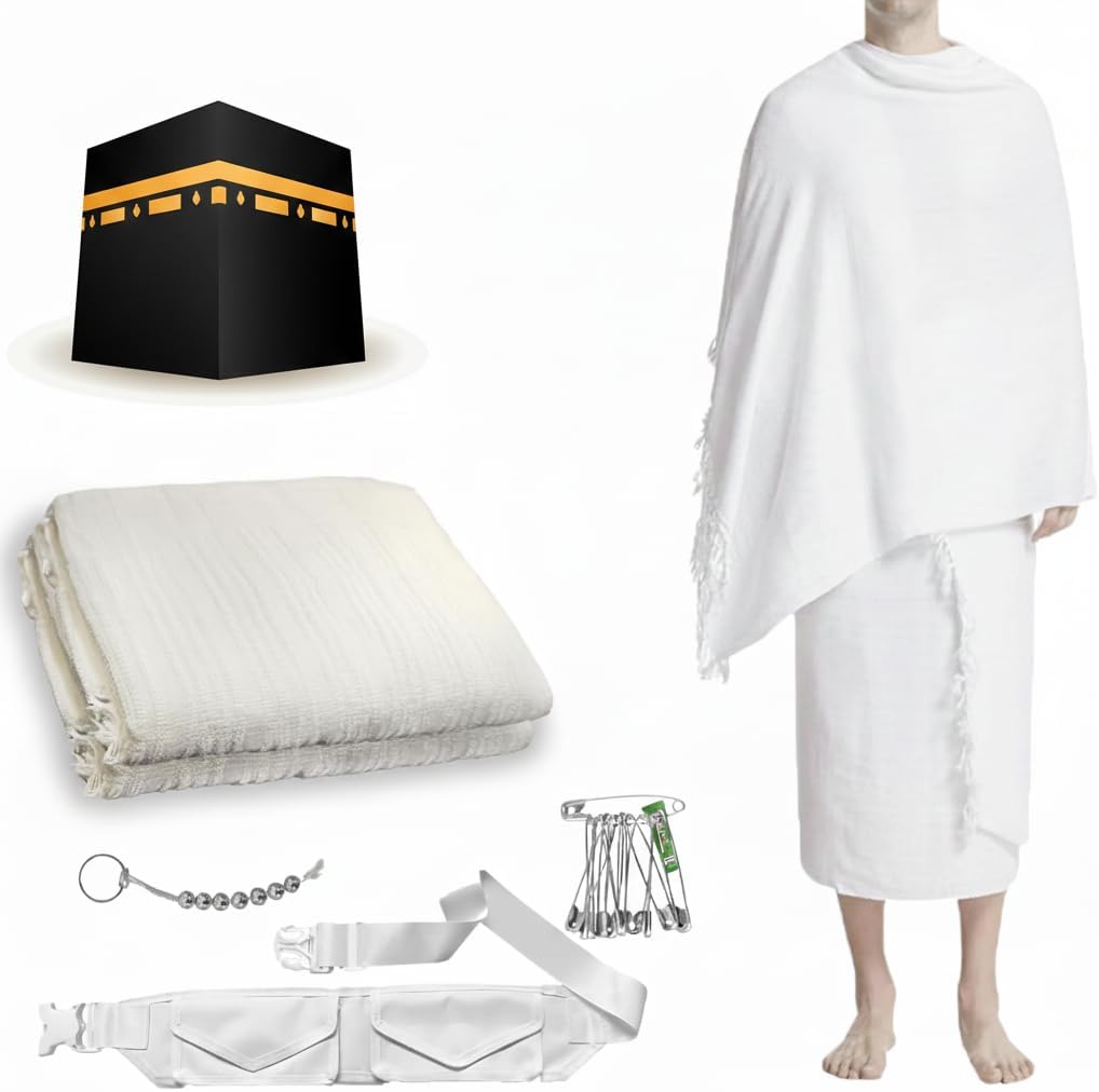 Ihram Set for Umrah Hajj Mens Boys 2 Piece Towels Set Cotton Lightweight Breathable Umrah Waist Belt Tawaf Beads Pins