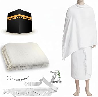 Ihram Set for Umrah Hajj Mens Boys 2 Piece Towels Set Cotton Lightweight Breathable Umrah Waist Belt Tawaf Beads Pins