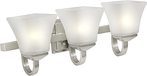 Miniatura 7 de Design House 514760 Torino Tradicional 3 Luz de tocador de baño interior regulable Vidrio de nieve para sobre el espejo, níquel satinado