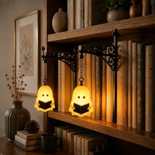 Library Lantern-Decorative Bookshelf Lighting, Mini Bookshelf Lamp Slides Between Books, Warm LED Nook Light & Bookshelf Lantern for Book Nook, Shelf Decor Gift for Book Lovers(Ghost Reader，2 PCS)