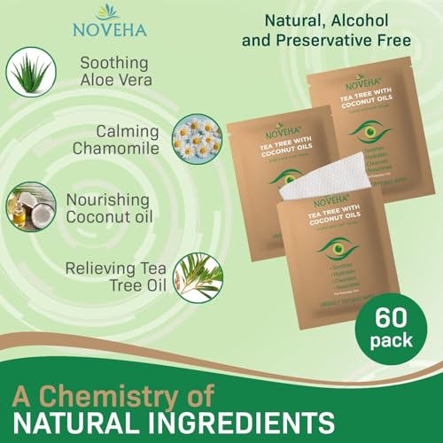 Image of NOVEHA 60PCs Tea Tree & Coconut Oil Eyelid & Lash Wipes - For Demodex, Blepharitis & Itchy Eyes, Individually Wrapped Eyelash Wipes With Aloe Vera, Natural Makeup Remover & Daily Eye Cleanser