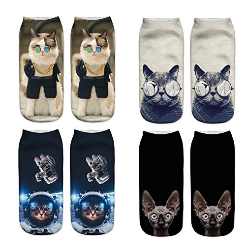 3D Cartoon Funny Low Cut Ankle Socks Amazing Novelty Print Cat Emoji Hallowen Boat Socks 4 Pack-Cat B SC7