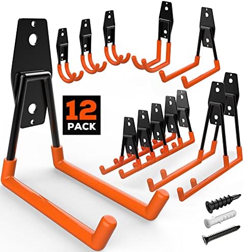 ORASANT 12 Pack Garage Hooks Heavy Duty,Utility Steel Garage Storage Hooks,Wall Mount Garage Hanger&Organizer for Organizing Power Tools,Ladders,Bulk Items,Bikes,Ropes and More Equipment, Orange