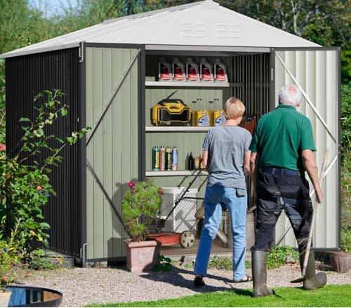 Image of Greesum 8x6FT Outdoor Storage Shed, Utility Tool Shed with Sloping Roof, Metal Storaged Garden Shed with Door & Lock for Patio Storage, Gray