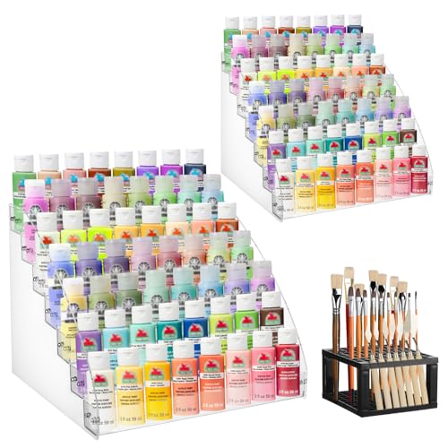 YEXEXINM 2 Pack 7 Tiers Clear Acrylic Paint Organizer with Brush Holder,paint Organizers Set Miniature Paints Holders, 7 Layers Paints Storage Rack, Craft Paint Rack