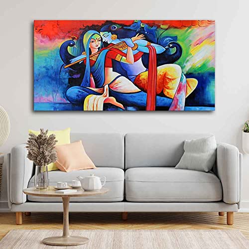 Image of VIBECRAFTS Canvas Paintings for Living Room Drawing Room Radha Krishan Playing Flute Canvas Wall Painting Fitted With Wooden Frame For Home | Office | Living Room | Gift (PTVCH 2479)