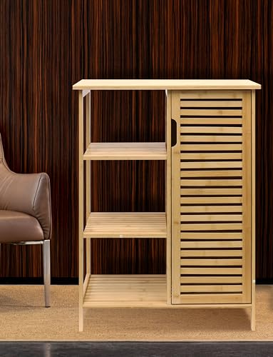 RoyalHouse Bamboo Storage Cabinet, 3-Tier Open Shelf and Closed Compartment, Cabinet for Bathroom, Living Room, Kitchen - Thumbnail 4