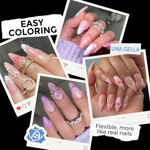 Image of UNA GELLA Medium Stiletto Gel Nail Tips Full Cover 216Pcs Almond Shape Nails Tips Stiletto Pre etched Soft Gel Nails Clear Fake False Nail Tip For Home Art Salon 12 Sizes