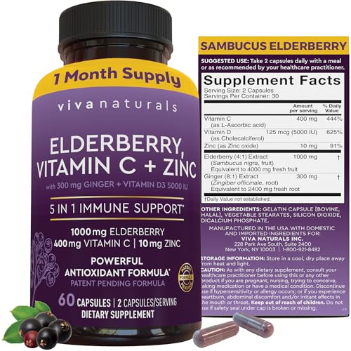 Viva Naturals Black Elderberry 1000mg with Vitamin C, D3 5000 IU & Zinc - 5-in-1 Immune Support Supplement for Adults, Sambucus Elderberry Capsules with Ginger for Men and Women, (60 Capsules)