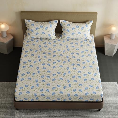 Image of Layers 100% Cotton Bedsheet for Double Size Bed | Lumina Floret Collection | 144 TC Soft & Breathable | Floral Print with 2 Pillow Covers | Wrinkle Free & Colorfast | 3 Piece Bedding Set - Blue