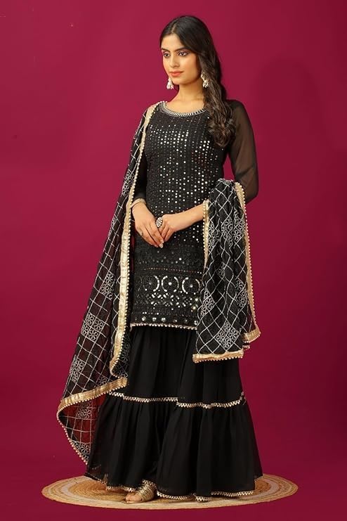 Image of Women's Designer Chinon Silk Sharara Suit Set, Sequence Embroidery Kurti with Tiered Sharara and Dupatta