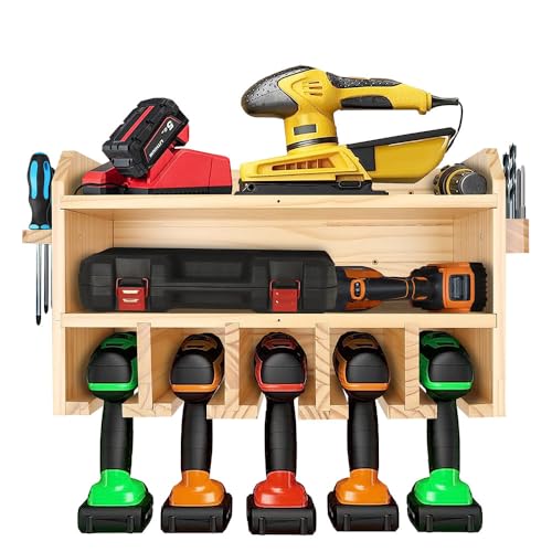 Pro-Lift Power Tool Organizer Wall Mount - Wooden Drill Storage Holder - 5 Hanging Racks for Air Tools - 9 Slots for Screwdrivers - 19 Slots for Bits