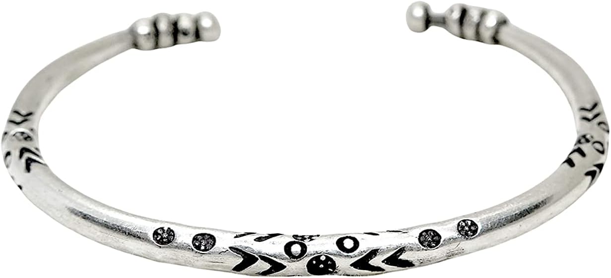 Handmade Sterling Silver Thick Solid Rounded Boho Hippie Cuff Bracelet With Ethnic Tribal Patterns Engravings and Beads, Gift for Her