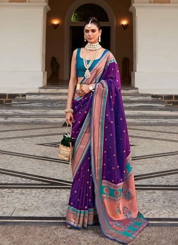 Image of SWORNOF Women's kanjivaram banarasi silk saree Zari Woven for festival Wedding silk with rich pallu Design sarees for women with Unstitched blouse piece