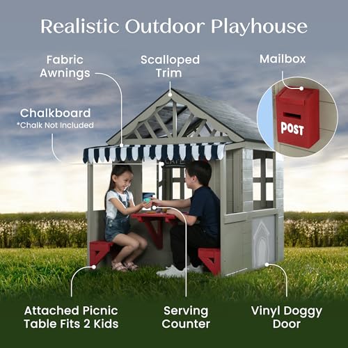 Image of Delta Children MySize Deluxe Outdoor Playhouse with Play Sink with Running Water, Picnic Table & Mailbox - Premium Wooden Cedar Playhouse for Kids, Grey