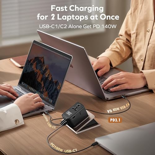 Image of MX GaN 200W Universal Travel Adapter with 3 USB-C & 1 USB-A Port AC Outlet, 5-in-1 International Power Adapter for Worldwide Travel, Type A /C /G /I Plugs, 200+ Countries Fast Charging Adapter