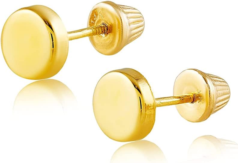Hoberta Real 14k solid Round Yellow Gold Tiny Circle Stud Earrings with Screw back for Women And Men for Sensitive ears Small & Minimalist Dot Studs Jewelry for Valentine's Day Gifts