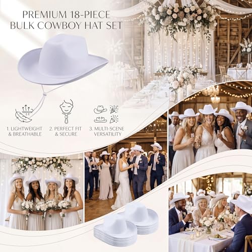 Image of Janmercy 24 Pack White Cowboy Hats Bulk for Adult Western White Plain Cowboy Hats with String Texan Wide Brimmed Cowgirl Hat