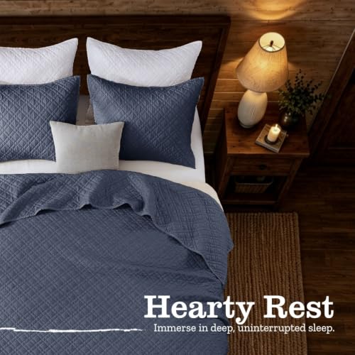 Twin Quilt Set with Sham Lightweight Quilted Bedspread Coverlet Thin Comforter Bed Cover Vintage Washed Quilted Blanket for All Season, Brushed Microfiber Diamond Stitching, Gray Blue, 66"x92" by DOWN HOME - Used condition - Image 6