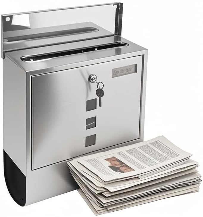 Modern Mailbox, Large Mailbox Stainless Steel European Narrow Slot Locked Mailbox with 2 Keys for Outside Garden