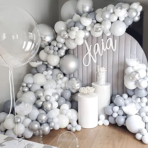 Arche Ballon Gris, Kit Arche Ballon Mariage avec Pastel Gris Blanc Argent Ballon Anniversaire pour Mariage, Fiançailles, Anniversaire, Douche Bébé, Décoration Fête