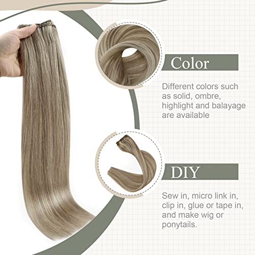 Fshine Capelli Veri Extension Tessitura 100g 40CM Matassa Capelli Veri Marrone Chiaro Alto Biondo Platino Extension Cucitura Capelli Veri Real Hair Extensions #8P60