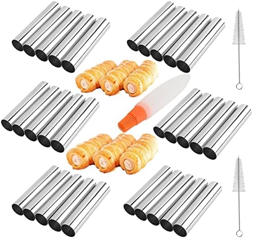 Non-Stick Cream Cannoli Tubes, RoseFlower 20 Pcs Stainless Steel Screw Croissant Mould Cannoli Shells Horn Cones Molds with 2 Clean Brush - Pastry Baking Set for Christmas Halloween Anniversary Party