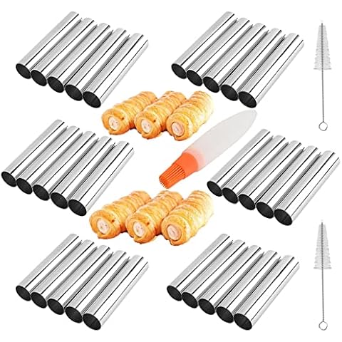 Non-stick Cream Cannoli Tubes, FantasyDay 30 Pcs Stainless Steel Baking Cones Pastry Roll Horn Croissant Mold Cannoli Shells with 3 Clean Brush - Pastry Baking Set for Christmas Cake Anniversary Party Cover
