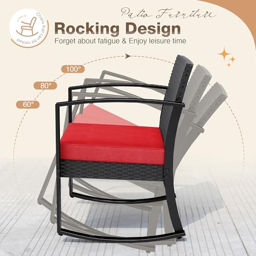 Image of Greesum 3 Piece Patio Furniture Set, All-Weather Imitation Rattan Conversation Set, Outdoor Rocking Chair Bistro Set with Glass Top Coffee Table for Pool, Deck, Porch, Garden or Balcony, Red