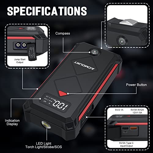 Acmount P100 Car Jump Starter, 5000A Peak Lithium Jump Starter Battery Pack for Up to 10.0L Gas or 8.0L Diesel Engine, Safe 12V Portable Battery Starter Power Pack with LED Screen & LED Light - Image 7