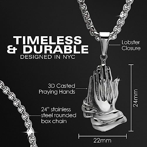 Steeltime Stainless Steel Praying Hands Pendant with 24" Inch Box Chain Necklace | Serenity prayer necklace | Religious Necklace for Men & Women | Silver3