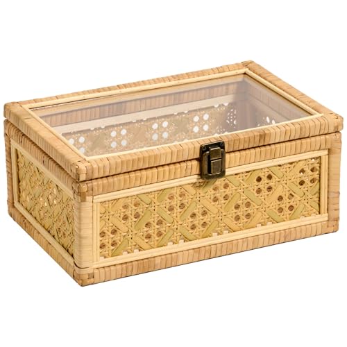 LOLUVIZCO Decorative Rattan Box with Clear Glass Lid Wooden Frame Handmade Boho Natural Wicker Basket Woven Cane Bin Keepsake Memory Jewelry Organizer Rectangular Desk Shelf Closet Container (Large)