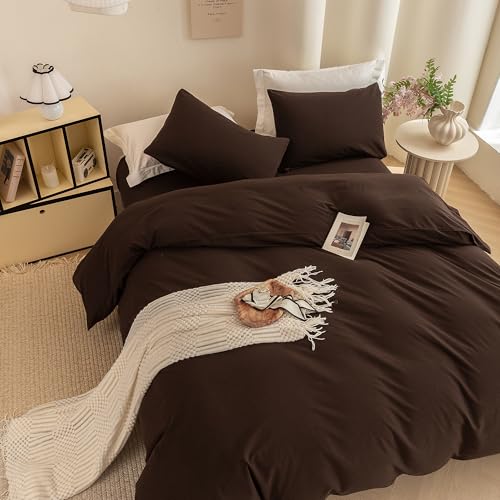 Image of ECOCOTT Duvet Cover Twin Size -100% Washed Cotton Linen Like Textured Breathable Durable Soft Comfy Bedding Set with Zipper Closure & Corner Ties (Cocoa Brown, 68 inchx90 inch)