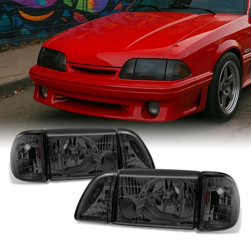 AKKON - For Mustang Smoked Headlights Headlamps w/Corner & Parking Lights 6Pcs Complete Replacement Pair Set