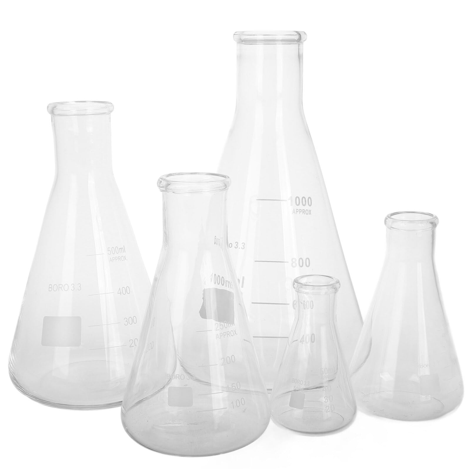 Juego de 5 Matraces Erlenmeyer de Vidrio de Borosilicato Base Triangular, Capacidad Variada y Alta Estabilidad para Laboratorio Científico
