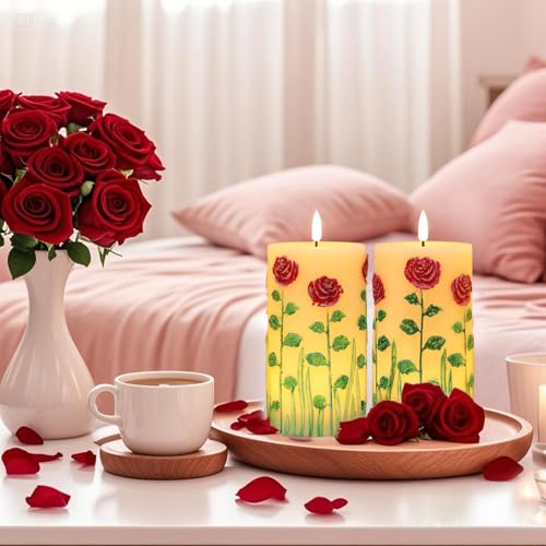Image of Roses Flower Flameless Candles Battery Operated with 6 Hour Timer 3D Wick Flickering LED Pillar Candles Real Wax Hand-Painted Dinner Christmas Holiday Decor(2 Pack, 3 inch D x 6.5 inch H)