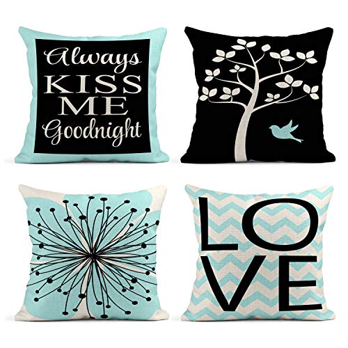 Tarolo Set of 4 Linen Throw Pillow Cover Case Always Kiss Me Goodnight Signs Decorative Pillow Cases Covers Home Decor Square 20 x 20 Inches Pillowcases