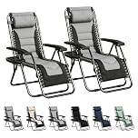 mcc direct Zero Gravity Chair Set of 2 – Padded Oxford Fabric Reclining & Folding Outdoor Garden Chairs with Cup Holder and Headrest Pillow – BLACK/LIGHT GREY OXFORD