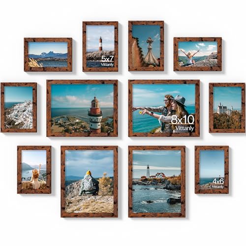 Image of Vittanly 12 Pack Picture Frames Collage Wall Decor for Mounting or Tabletop Display, Gallery Wall Frame Set for Family, Multi Sizes Including 4pcs 8x10, 4pcs 5x7, 4pcs 4x6, Rustic Brown