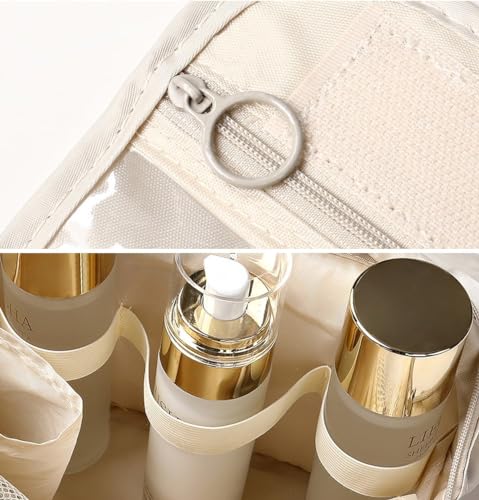 Image of Travel Toiletry Bag with Hanging Hook, Waterproof Cosmetic Organizer Pouch, Foldable Makeup Storage Case with Mesh & Transparent Compartments, Portable Travel Accessories Bag (Beige Beige)
