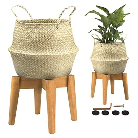 Plant Basket with Plant Stand - Wicker Planter Pot (Natural Medium) - Indoor Woven Seagrass Belly Basket and Bamboo Plant Stand Cover