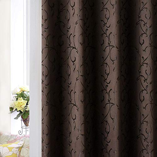 幅広type 遮光1級防炎加工 ブラウン花柄 レース ミラー カーテン
