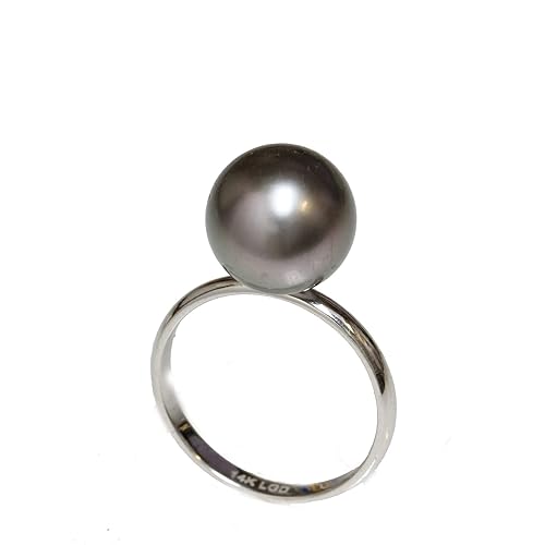 Tahitian Cultured Pearl Solitaire Ring 14k White gold, Gift for Woman (11-12mm AAA Natural Black, 8)